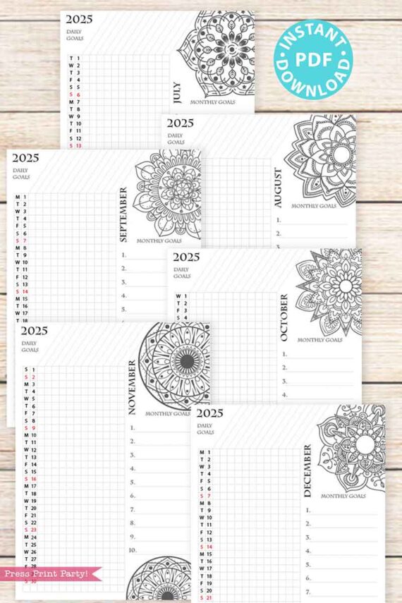 The "2025 One Page Calendar at-a-glance Printable Mandala" is a six-month daily planner that boasts detailed mandala designs, ideal for organizing from July to December. Each page includes dates and space for monthly goals, along with a handy 2025 one-page calendar. The text highlights "Instant PDF Download" and "Press Print Party!" against a wooden background.