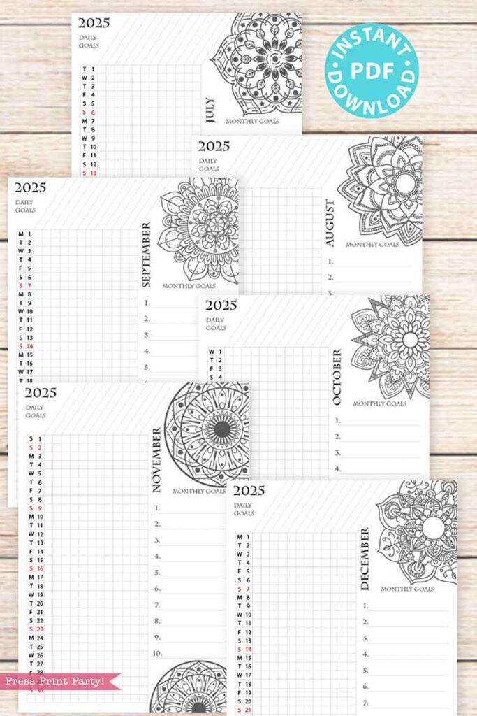 Monday Start 2025 Calendar Printable Set for Bullet Journals or Binders, Mandala [for bullet ...