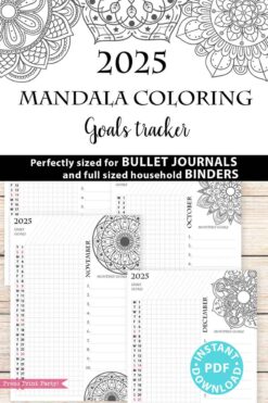 Discover the 2025 One Page Calendar at-a-glance Printable Mandala, showcasing an elegant design with intricate mandala patterns and a designated section for setting monthly goals. Ideal for bullet journals and binders, this instant PDF download from Press Print Party is a must-have for organization enthusiasts.