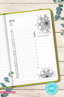 The "2025 One Page Calendar at-a-glance Printable Mandala" for April 2025 displays a calendar on the left, with dates highlighted in red and black. The right page is designed with floral motifs and includes sections for daily and monthly goals. Eucalyptus leaves complement the presentation, accompanied by an "Instant PDF Download" label.
