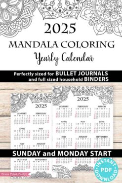 The 2025 One Page Calendar at-a-glance Printable Mandala showcases intricate mandala designs and offers options for Sunday or Monday starts, perfect for incorporating into bullet journals and binders. This calendar is available as an instant PDF download, combining functionality with artistic creativity.