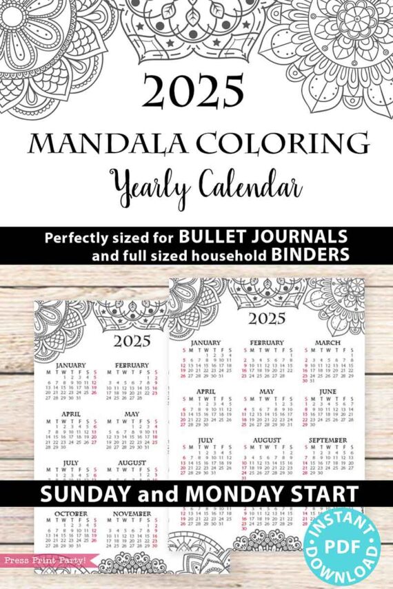 The 2025 One Page Calendar at-a-glance Printable Mandala showcases intricate mandala designs and offers options for Sunday or Monday starts, perfect for incorporating into bullet journals and binders. This calendar is available as an instant PDF download, combining functionality with artistic creativity.