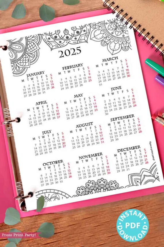A 2025 One Page Calendar at-a-glance Printable Mandala is displayed on a pink background, alongside colorful pens. Each month features Sundays highlighted in pink, and a blue sticker announces "INSTANT PDF DOWNLOAD." It also offers a convenient one-page calendar for quick reference.