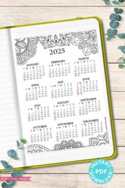 A 2025 one-page "at-a-glance" calendar notebook featuring a green cover, with each month outlined and dated beneath, surrounded by detailed floral and mandala patterns. The sides are embellished with eucalyptus leaves, and a circular label at the bottom reads "Instant PDF Download.
