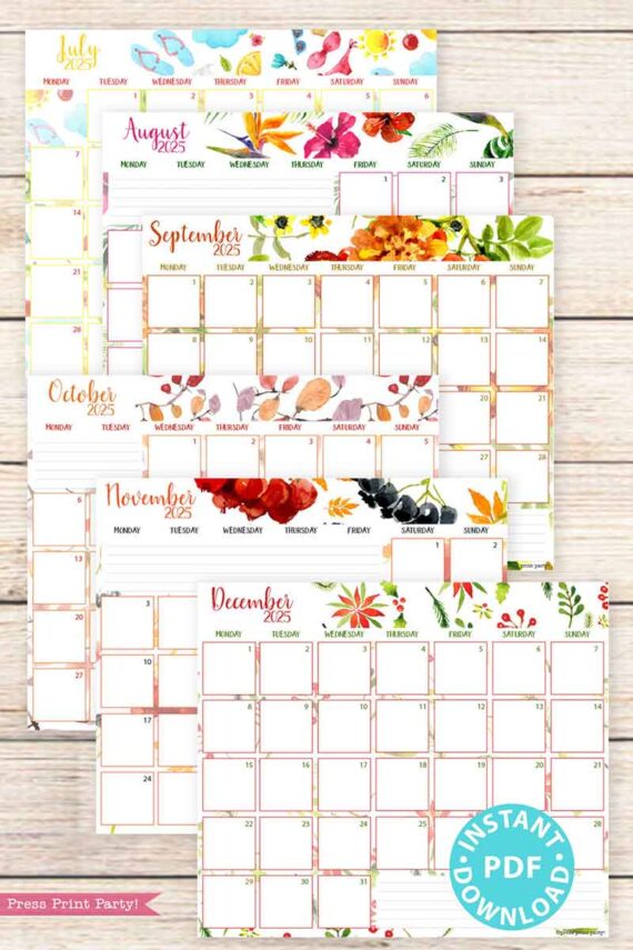 Displayed on a wooden surface is a set from the 2025 Calendar Bundle for Bullet Journals or Binders. Each month from July to December 2025 showcases vibrant, seasonal floral and leaf designs in watercolor. A circular label on the bottom right corner reads "Instant PDF Download," making it perfect inspiration for creating a printable calendar for 2025.