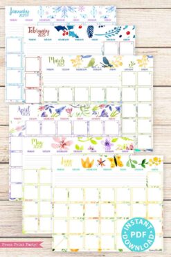 The 2025 Calendar Bundle for Bullet Journals or Binders, Watercolor, features a six-month calendar set showcasing vibrant floral-themed designs from January to June. Each month is accented with unique watercolor floral borders in blues, greens, yellows, and pinks. An icon marked "PDF Instant Download" adorns the corner, providing an enticing glimpse into the 2025 calendar printable selections.