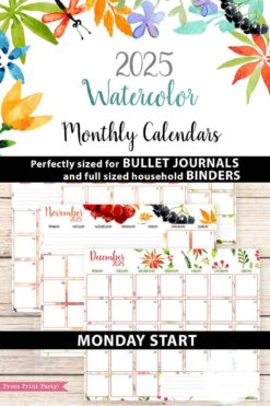 Explore our 2025 watercolor-themed calendar bundle, ideal for bullet journals and household binders. These printable calendars showcase vibrant floral and leaf designs with a Monday start, along with previews for November and December.