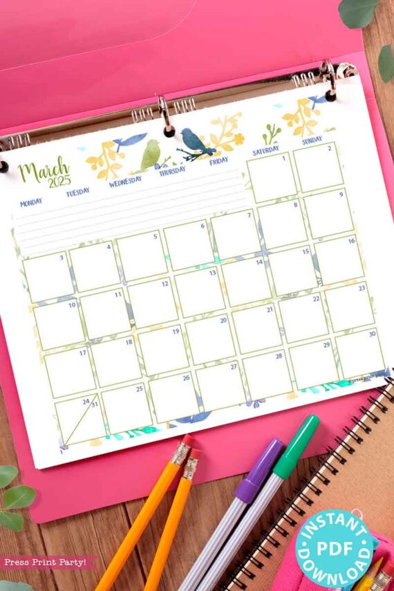 A vibrant March calendar page from the 2025 Calendar Bundle for Bullet Journals or Binders, showcasing watercolor floral and bird designs, perfect for a creative planning experience. The backdrop features a pink binder alongside three pens in purple, orange, and turquoise. A label in the corner reads "Instant PDF Download," providing an engaging 2025 calendar printable experience.