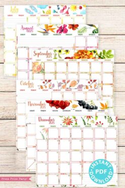 A set of calendar sheets from July to December 2025, each adorned with vibrant seasonal themes such as flowers and leaves. Displaying a rustic background and weekday labels, this 2025 Calendar Bundle for Bullet Journals or Binders, featuring watercolor designs, includes an 