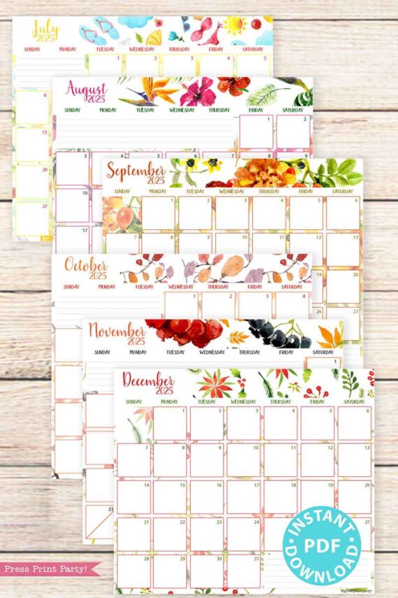 A set of calendar sheets from July to December 2025, each adorned with vibrant seasonal themes such as flowers and leaves. Displaying a rustic background and weekday labels, this 2025 Calendar Bundle for Bullet Journals or Binders, featuring watercolor designs, includes an "Instant PDF Download" icon marked in blue.