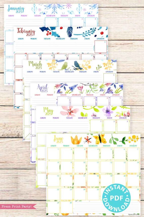 A stack of vibrant 2025 calendar printable pages from January to June is adorned with distinct watercolor designs that capture the essence of each season. A circular label indicates "Instant PDF Download" against a light wooden surface backdrop.