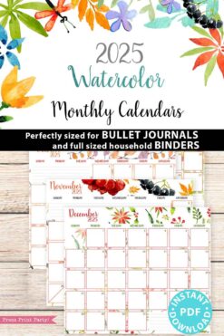 Discover our 2025 Calendar Bundle for Bullet Journals or Binders, Watercolor Edition. Perfect for adding to your bullet journals and household binders, these calendars feature stunning floral and leaf designs. The promotional image highlights the November and December pages. Don't forget to explore our printable options for 2025 calendars to get a head start on planning!