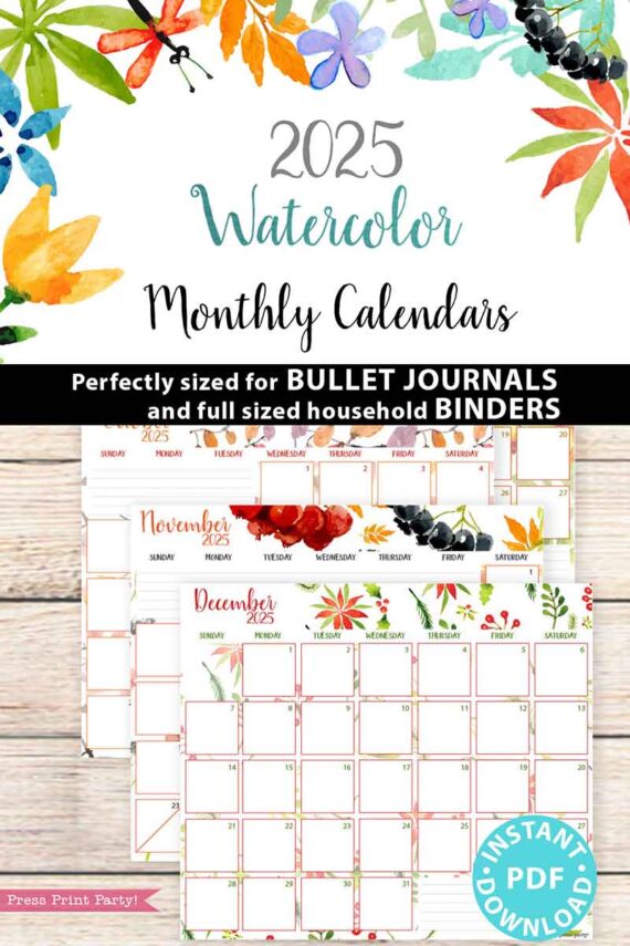 Discover our 2025 Calendar Bundle for Bullet Journals or Binders, Watercolor Edition. Perfect for adding to your bullet journals and household binders, these calendars feature stunning floral and leaf designs. The promotional image highlights the November and December pages. Don't forget to explore our printable options for 2025 calendars to get a head start on planning!
