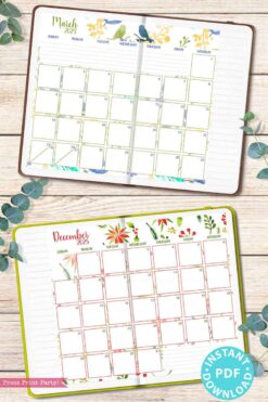 The 2025 Calendar Bundle for Bullet Journals or Binders, Watercolor features two open planner pages displaying the March and December 2025 calendars. The March page is adorned with blue and yellow floral designs, while the December page is highlighted with red and green accents. A "PDF Instant Download" badge adorns the corner, surrounded by scattered leaves—perfect for those also seeking a 2025 calendar printable.