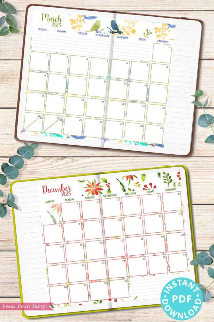 2025 Calendar Printable Set for Bullet Journals or Binders, Watercolor ...