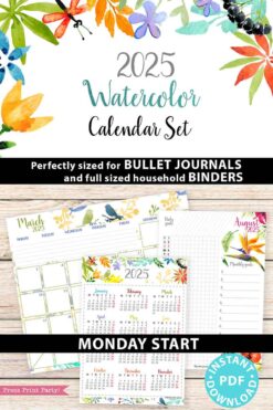 Vibrantly designed 2025 watercolor calendar bundle featuring floral and bird motifs. Includes sample pages for March and August, complete with sections for setting monthly goals. Perfectly suited for bullet journals and binders, featuring a Monday start with an instant PDF download option. Ideal as a 2025 calendar printable.