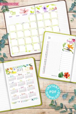 The "2025 Calendar Bundle for Bullet Journals or Binders, Watercolor" offers an artistic planner layout adorned with floral designs and eucalyptus leaves. It includes a monthly calendar for May, an August notebook, and a comprehensive 2025 yearly calendar. Additionally, you'll find a "PDF Instant Download" label and receive a bonus 2025 calendar printable to help you stay organized throughout the year.