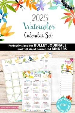 Discover the 2025 Calendar Bundle for Bullet Journals or Binders, featuring vibrant watercolor floral and nature designs on each monthly page. This collection, available as an instant PDF download, also includes a printable 2025 calendar format.