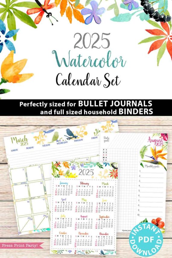 Discover the 2025 Calendar Bundle for Bullet Journals or Binders, featuring vibrant watercolor floral and nature designs on each monthly page. This collection, available as an instant PDF download, also includes a printable 2025 calendar format.