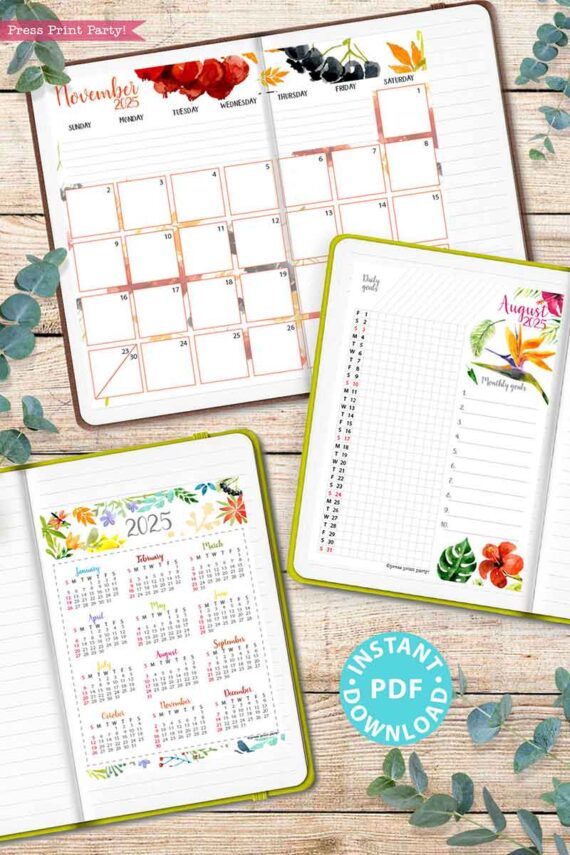 Displayed are three vibrant calendar sheets from the "2025 Calendar Bundle for Bullet Journals or Binders, Watercolor": a November month view, a weekly planner with to-do list, and a 2025 overview. Accompanying them is a 2025 calendar printable set among green leaves with a text bubble stating "Instant PDF Download.