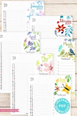 Explore the 2025 Calendar Bundle for Bullet Journals or Binders, featuring stunning floral watercolor designs. Each page includes a monthly calendar, a daily goals section, and vibrant floral illustrations from January to June. The June page comes with an 