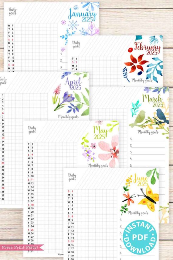 Explore the 2025 Calendar Bundle for Bullet Journals or Binders, featuring stunning floral watercolor designs. Each page includes a monthly calendar, a daily goals section, and vibrant floral illustrations from January to June. The June page comes with an "Instant Download" badge, perfect for fans of the 2025 calendar printable trend.