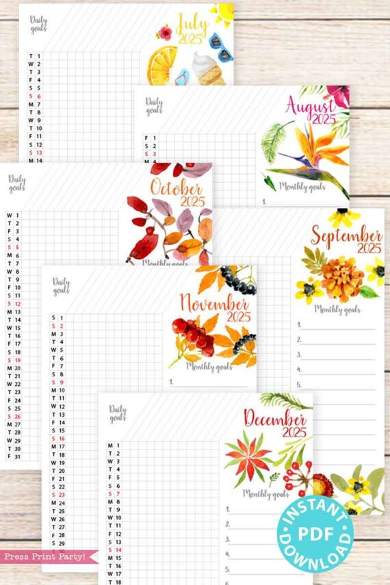 Experience the 2025 Calendar Bundle for Bullet Journals or Binders, featuring watercolor designs, with printable monthly goal sheets from July to December 2025. These sheets include vibrant floral and seasonal artwork, complete with lined sections for noting your aspirations. The teal "Instant PDF Download" badge at the bottom makes them an ideal addition to your existing 2024 calendar printable collection.