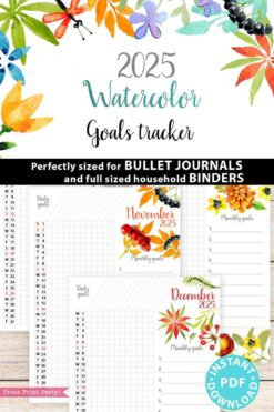 Introducing the 2025 Calendar Bundle for Bullet Journals or Binders, featuring vibrant watercolor designs and floral accents. Perfect for complementing your 2025 calendar printables collection, this bundle includes November and December 2025 calendar pages to help you track both daily and monthly goals. Ideal for bullet journals and household binders, with an instant PDF download available.