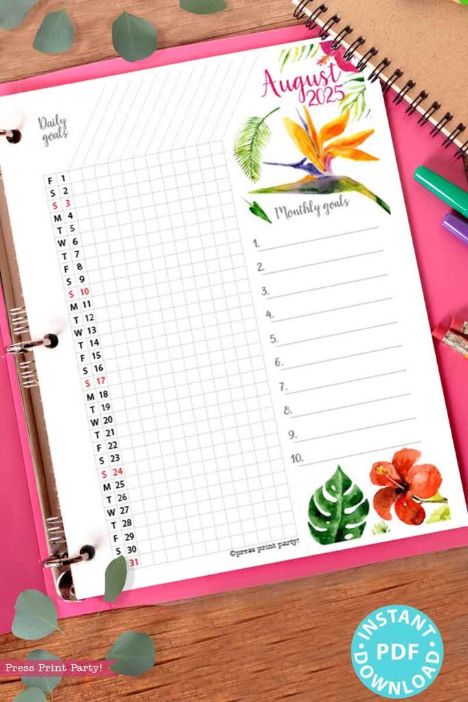 Planner page for August 2025 showcasing a vibrant floral design inspired by the Monday Start Calendar Printable Set for Bullet Journals or Binders, using a watercolor theme. It includes sections for daily and monthly goals numbered 1 to 10, and is adorned with decorative tropical leaves, flowers, pencils, and a pink binder.
