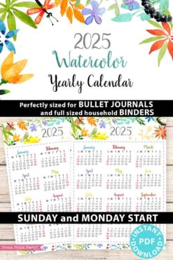 Introducing the 2025 Calendar Bundle for Bullet Journals or Binders, perfect for adding floral watercolor designs to your organization. This downloadable bundle offers both Sunday and Monday start formats as an instant PDF, also including a printable option for the 2025 calendar.