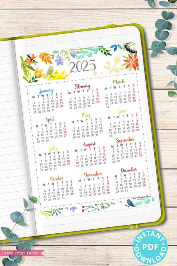 A 2025 calendar from the "2025 Calendar Bundle for Bullet Journals or Binders, Watercolor" is displayed in a notebook, featuring a floral watercolor design at the top. It neatly lists each month in rows along with their corresponding days of the week. Decoratively labeled as an instant PDF download, it beautifully complements its 2025 calendar printable counterpart.