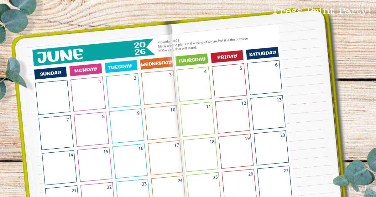 Open planner showing a blank weekly calendar for June 20–26, perfect for organizing your week. The days are outlined in different colors. A Bible verse from Proverbs 19:21 is printed at the top. Green leaves frame the corners. Free Printable 2025 Calendar available.