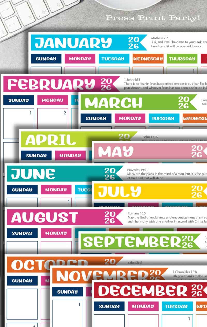 A colorful, overlapping set of monthly calendar pages for 2026, each with bold month names and days of the week, featuring different bright colors and inspirational Bible verses—perfect as a free 2026 calendar printable.