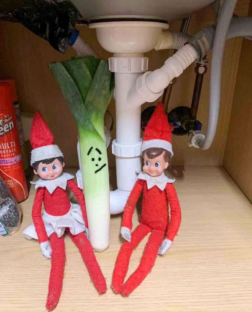 Two elf dolls sit under a sink beside a leek with a drawn face. The surroundings include cleaning supplies and plumbing fixtures.