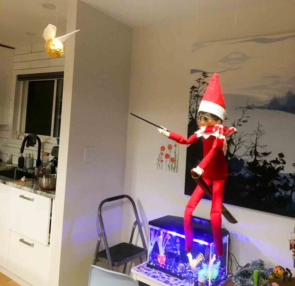 A toy elf wearing a red suit and hat is holding a wand and sitting on a broomstick above an aquarium. Nearby, a golden object is suspended from the ceiling. The kitchen area is visible in the background.