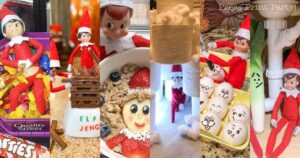 A collage of playful holiday elf scenes: elves with candy, playing Jenga, peeking from a cup, lounging in oatmeal, diving into marshmallows, and surrounded by decorated eggs with various facial expressions. Festive and whimsical atmosphere.