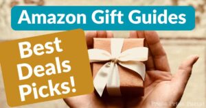 A small gift box with a white ribbon is held in two hands. Overlay text reads "Amazon Gift Guides" at the top and "Best Deals Picks!" on a gold background.