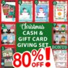 Image of a promotional advertisement for a Christmas Cash & Gift Card Giving Set. It features various festive designs including Santa Claus and snowmen. The ad highlights an 80% off discount in bold red text.