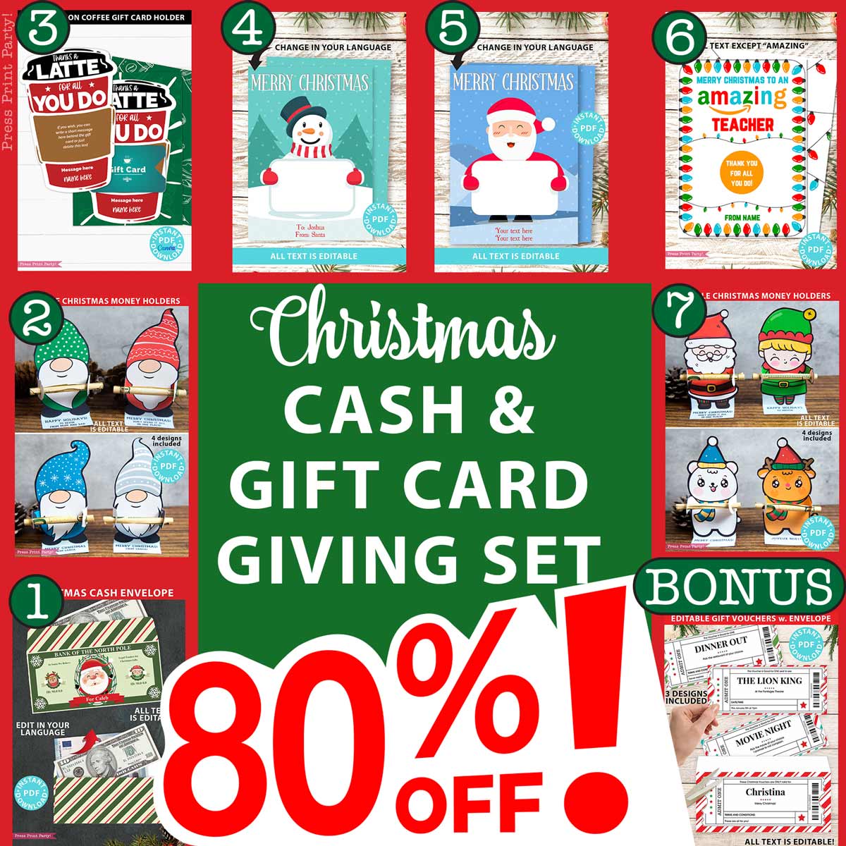 Image of a promotional advertisement for a Christmas Cash & Gift Card Giving Set. It features various festive designs including Santa Claus and snowmen. The ad highlights an 80% off discount in bold red text.
