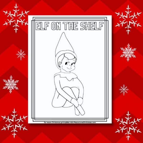 Coloring page of an elf sitting with a pointed hat on a red background adorned with white snowflakes. Text reads, "ELF ON THE SHELF," perfect for inspiring your elf on the shelf crafts this holiday season.