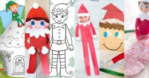 A collage of elf on the shelf crafts for Christmas: an elf hat coloring sheet, a cutout of a smiling elf, an elf drawing for coloring, a paper craft elf, an elf face on a bag, and an elf with a bowl of sprinkles.