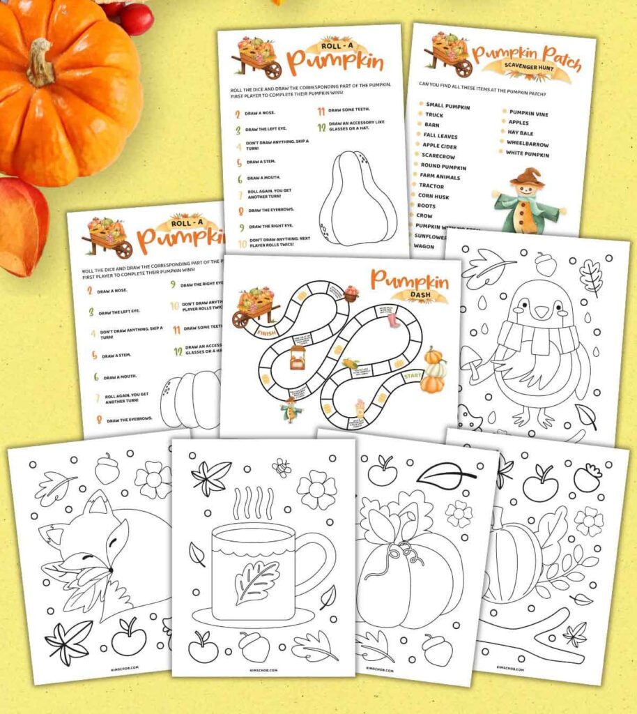 A collection of fall-themed worksheets and coloring pages are displayed. The pages feature pumpkins, a fox, a mug with a leaf, and a scarecrow game. An orange pumpkin is visible in the top left corner on a yellow background.
