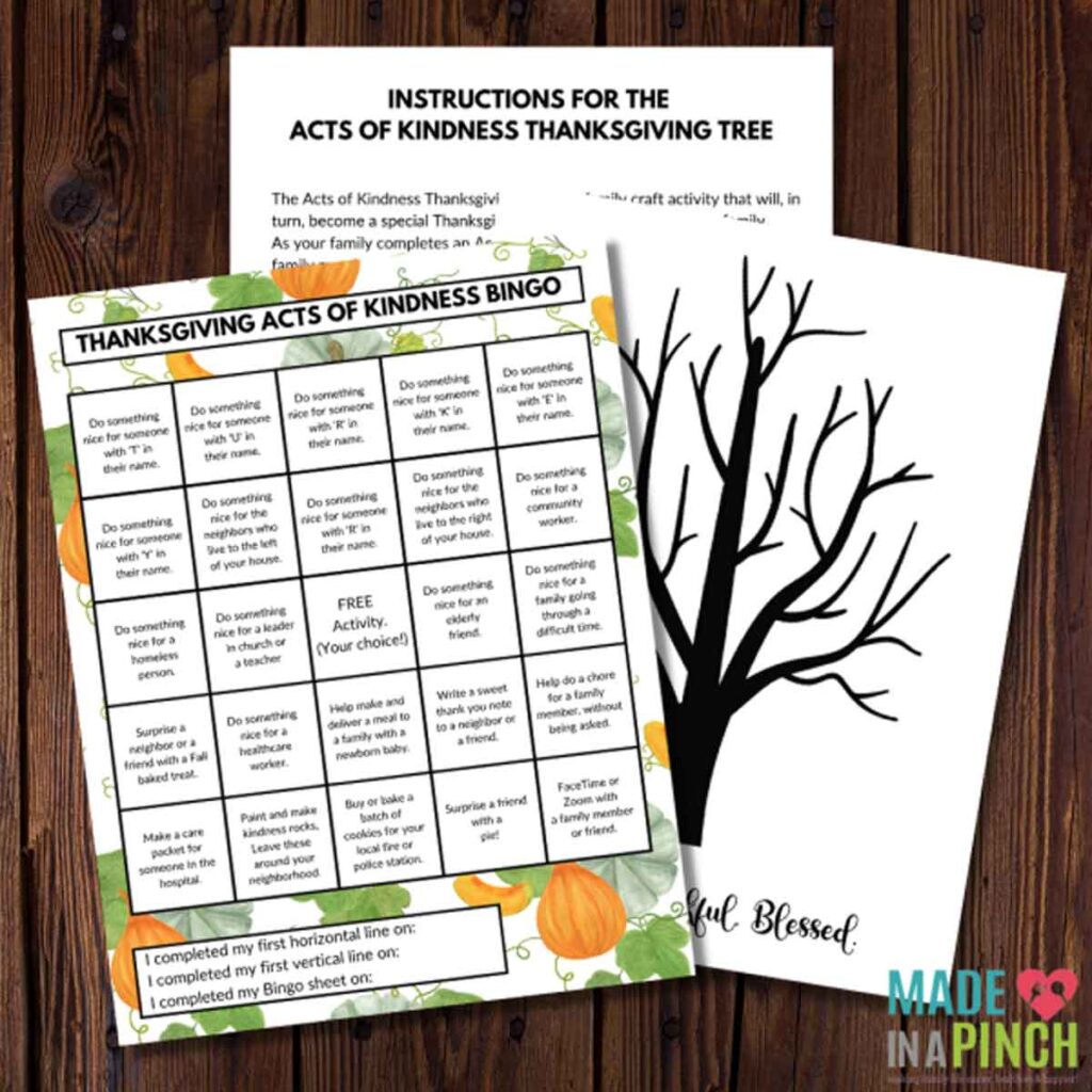 A Thanksgiving-themed bingo card titled "Thanksgiving Acts of Kindness Bingo" with various kindness activities. Behind it are instructions and a tree illustration sheet without leaves titled "Grateful, Blessed.