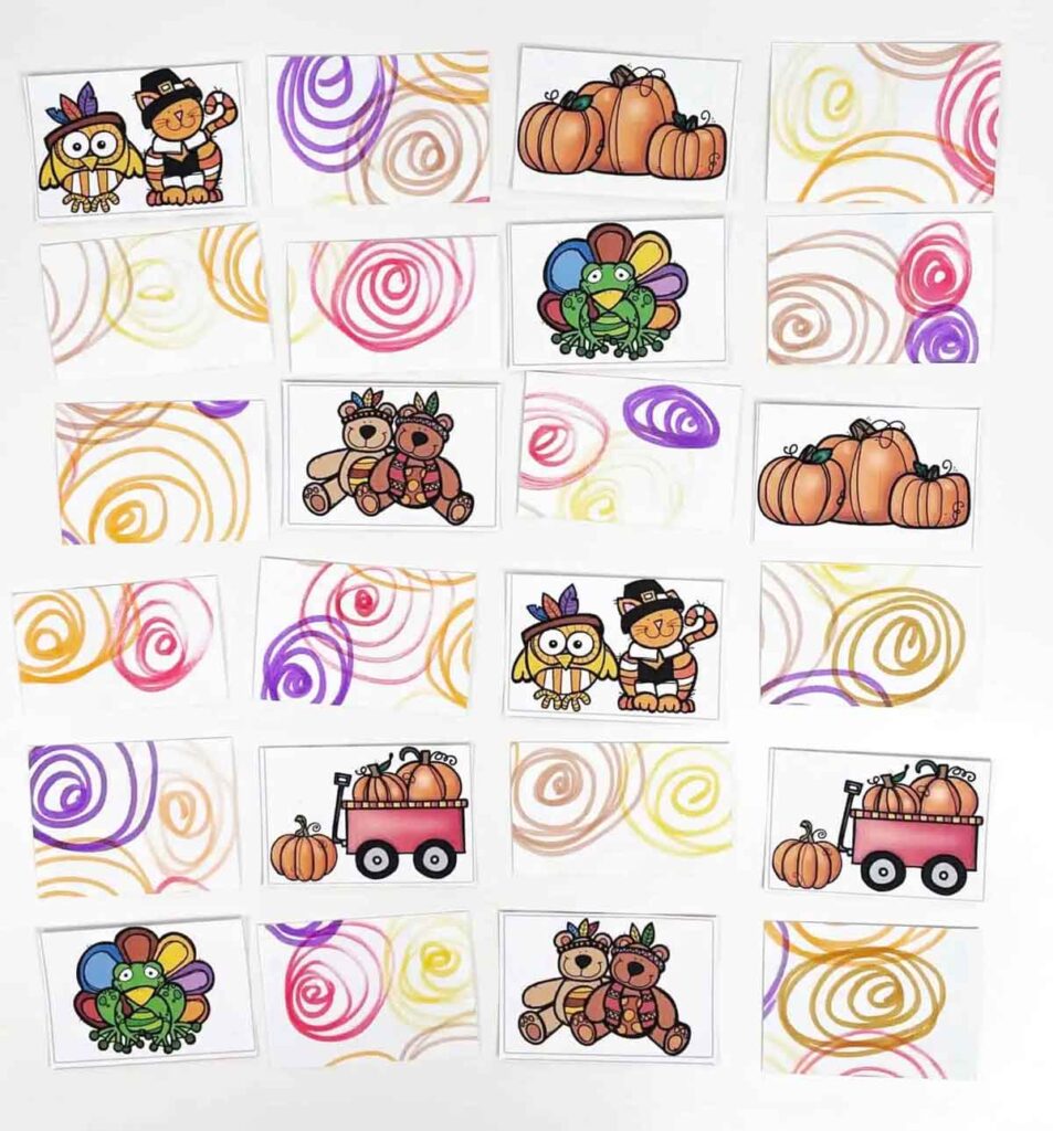 A grid of colorful cards, each featuring fall-themed illustrations: turkeys dressed as pilgrims, pumpkins on carts, and playful bears. The background has swirly, vibrant patterns in shades of orange, purple, and yellow.