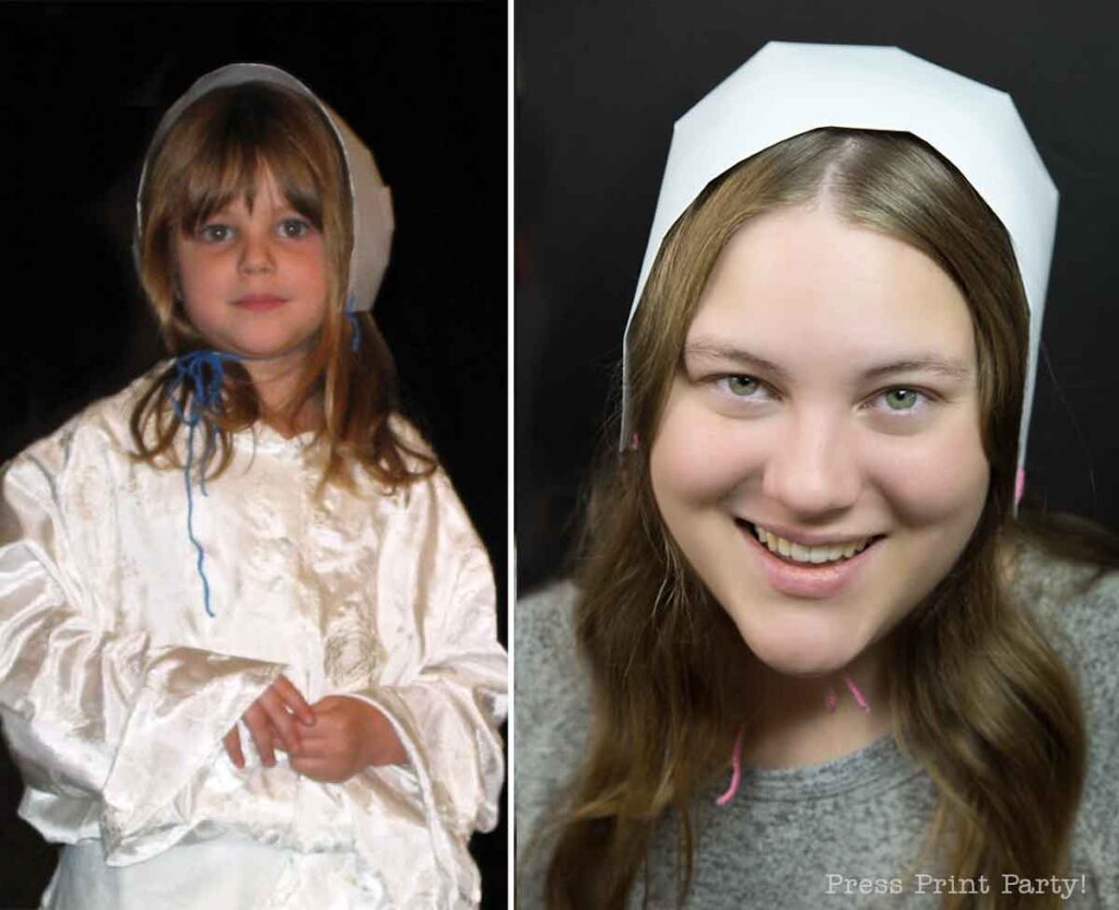 A young girl and a woman both wear traditional white pilgrim bonnets. The girl is in a white dress, and the woman sports a patterned top. Both are smiling, their similar light brown hair accentuated by the dark background.