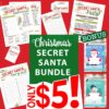 A Christmas Secret Santa bundle advertisement featuring various themed printables, including a party invitation, questionnaire, wish list, and more. The bundle is priced at only $5, with a bonus of customizable Christmas cards.