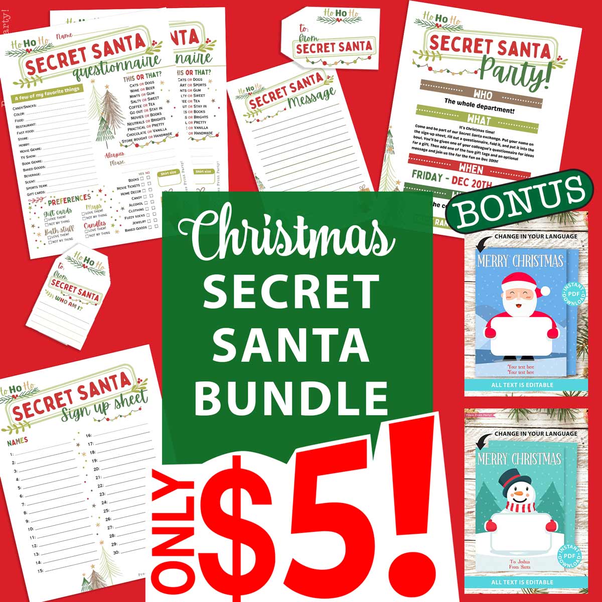 A Christmas Secret Santa bundle advertisement featuring various themed printables, including a party invitation, questionnaire, wish list, and more. The bundle is priced at only $5, with a bonus of customizable Christmas cards.