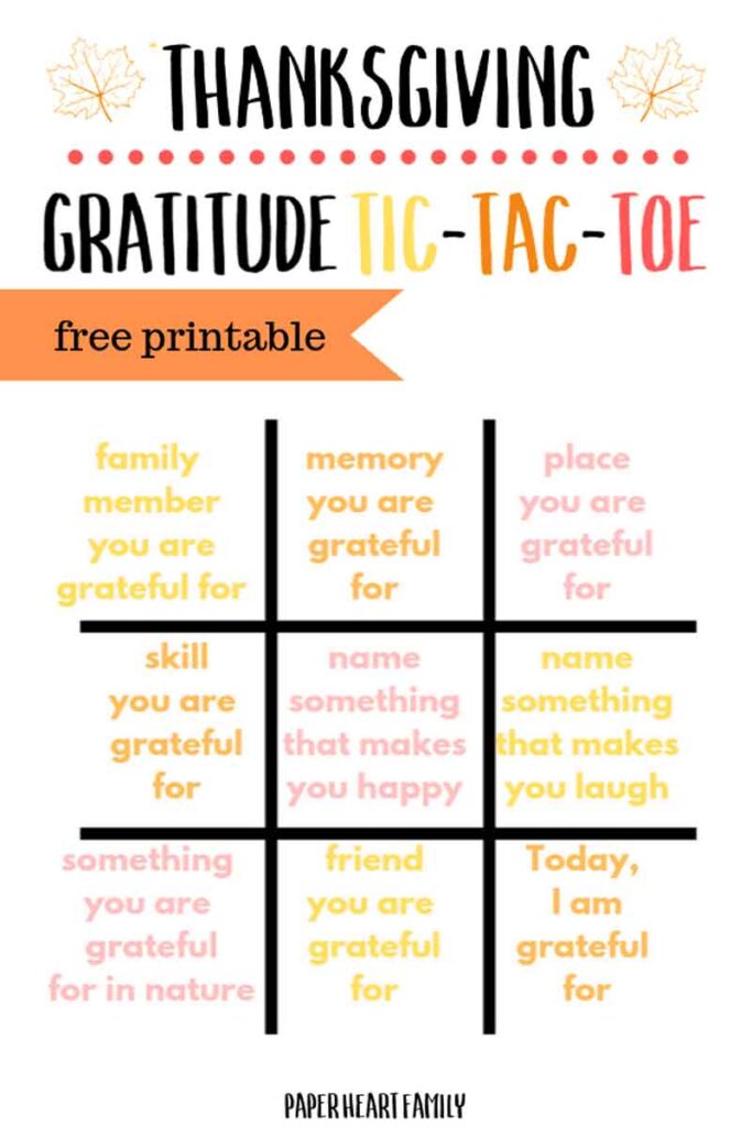 Thanksgiving Gratitude Tic-Tac-Toe printable. Nine squares with prompts like "family member you are grateful for" and "name something that makes you laugh." Decorative fall leaves and playful font.