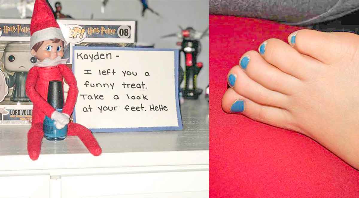 An elf doll sits holding blue nail polish next to a sign that says, "Kayden - I left you a funny treat. Take a look at your feet. Hehe." On the right, a foot with blue-painted toenails is visible against a red background.