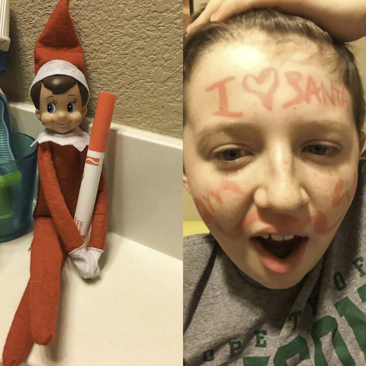 On the left, a toy elf holds a red marker. On the right, a child with "I ❤️ Santa" and scribbles drawn on their forehead and face with the same red marker looks surprised.